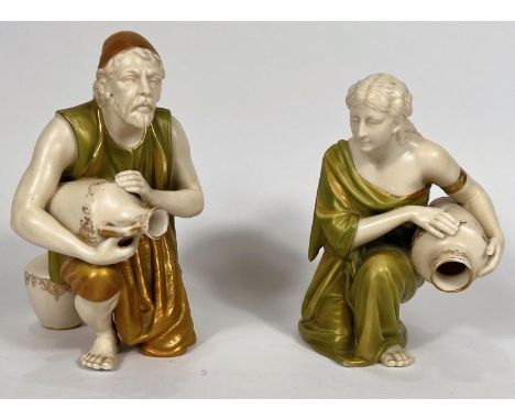 A pair of Royal Worcester water carriers. male and female, holding amphorae, numbered 637, height 16cm Chips to rim of jar - 