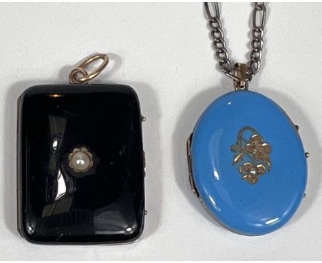 A hinged rectangular pendant/locket in black enamel with seed pearl; another, oval, in turquoise enamel with gilt flower in r