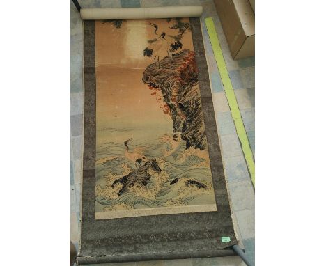A Chinese scroll picture with Cranes etc 