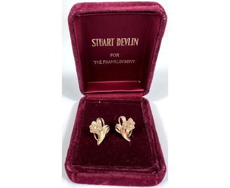 A Stuart Devlin pair of diamond set earrings in the form of lilies, stamped '14k', 4.2gm 