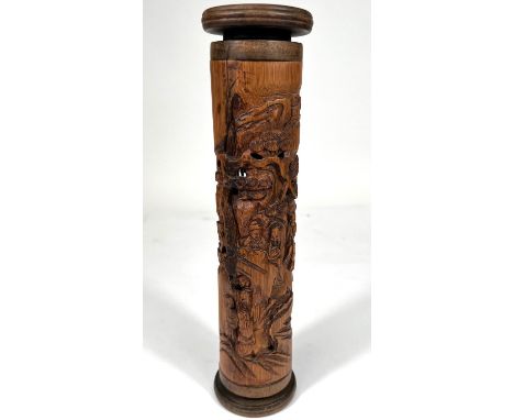 A modern Chinese cylindrical insence burner, carved and pierced; a pair of cloisonné chiming bells, boxed; a Chinese miniatur