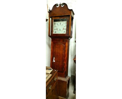 An early 19th century oak and mahogany longcase clock, the hood with swan neck pediment and square side columns, with full le