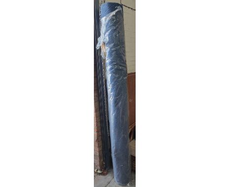 An oak framed tapestry panel fire screen with archery scene; a large blue unused carpet, length 210cm 
