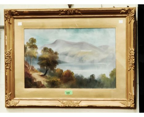 19th century lake scene and landscape with trees, oil on card, unsigned, 29 x 45cm, framed and glazed and an oak occasional t