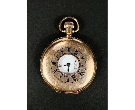 A keyless half hunter pocket watch in monogrammed gold plated case, by Waltham 
