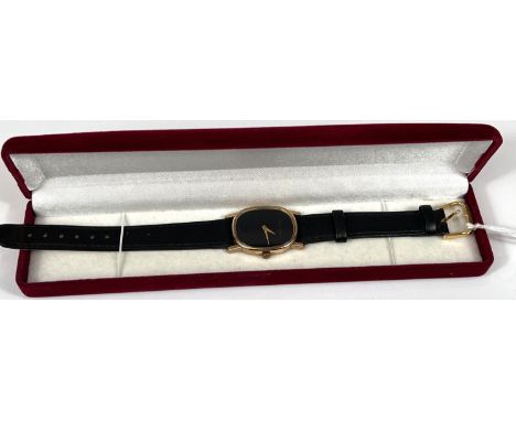 BUECHE GIROD: a c.1906's manual watch with oval black dial and gold hands, case stamped 375, new strap 