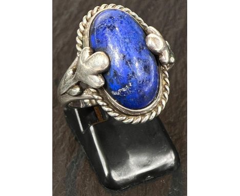 Georg Jensen:&nbsp; a silver dress ring set oval cabochon lapis lazuli.&nbsp; Ring size T