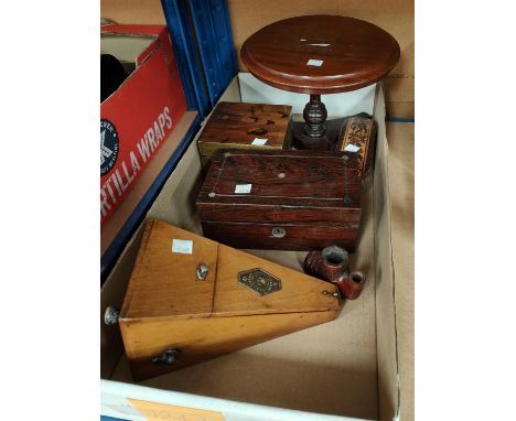 A miniature mahogany pedestal table; a metronome, other boxes etc 