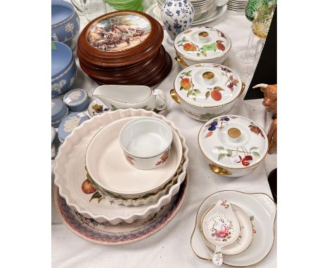 Three Royal Worcester covered tureens; a gravy boat and a plate; decorative china 