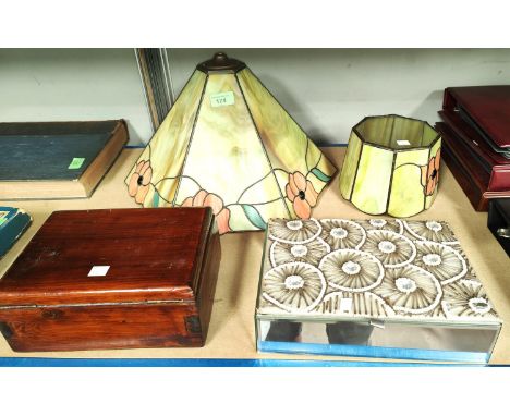 Two Tiffany style light shades; 2 jewellery boxes etc 