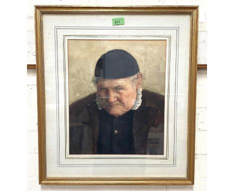 Henry Terry, head and shoulders portrait of old man in black skull cap, watercolour, signed, framed and glazed 37 x 31cm 