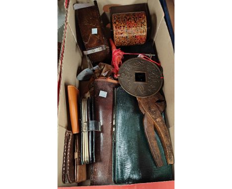 A box camera; a selection of brass weights in box; a novelty nut cracker, leather wallet etc 