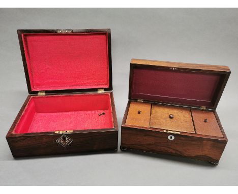 A 19th century mother of pearl inlaid mahogany box, 30 x 22 x 12cm. Together with a Regency rosewood veneered tea caddy.