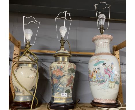 Three oriental ceramic table lamp bases, largest H. 78cm.