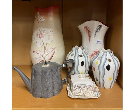 A group of 1950's/60's ceramic with a Britannia metal teapot, tallest H. 38cm.