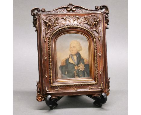 A 19thC framed coloured print of Lord Nelson in original bronzed hammered tin frame, frame size. 16 x 19cm.