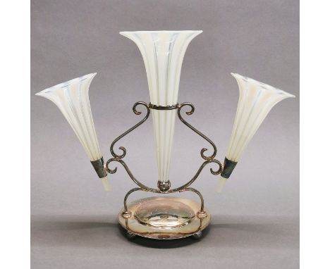 A silver plated three branch epergne with vaseline glass flutes, H. 27cm.