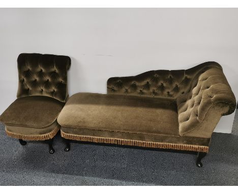 A button backed chaise longue together with a matching button backed nursing chair, chaise L. 130cm H. 70cm D. 56cm.