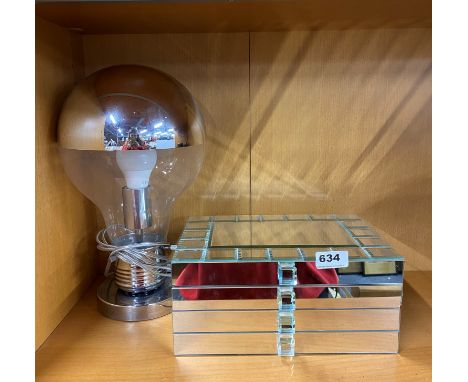 A novelty light bulb table lamp, H. 38cm, together with a mirrored jewellery box.