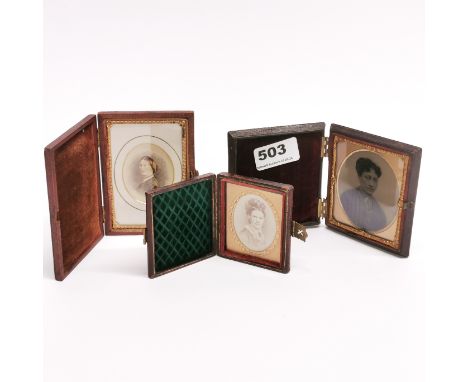 A group of three 19thC portrait miniatures, largest case 11cm.
