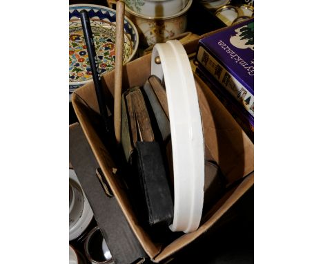 Pair of drum sticks, lamp base, books etc 