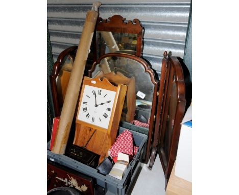 Mahogany three fold mirror, small pine wall clock, Metamec clock etc