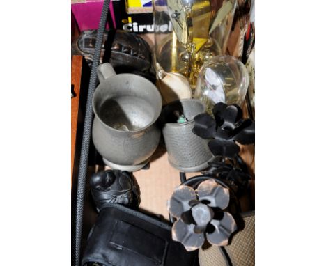 Box of collectable's including torsion clock, cameras, pewter tankards etc
