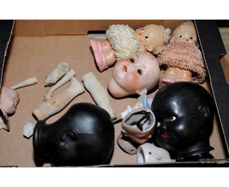 Selection of bisque and composition dolls heads, arms etc including Armand Marseille No.990A.00M, A-M370 and two plastic Kewp