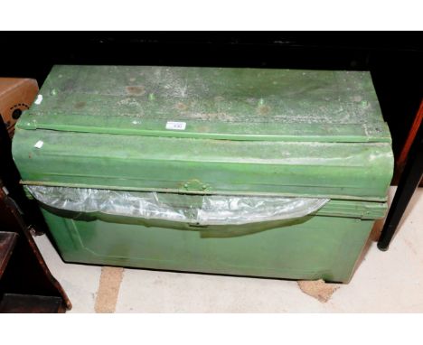 Painted tin trunk containing a selection of wool blankets 