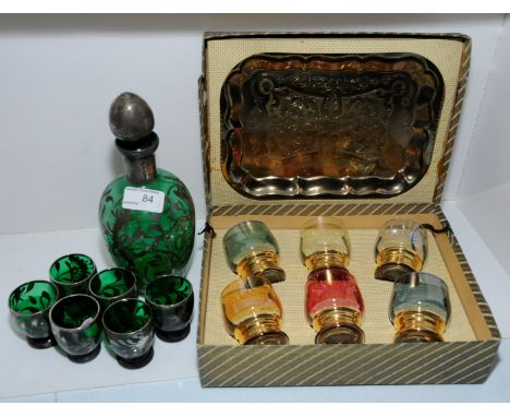 Venetian glass decanter and shot glasses and a boxes set of glasses 