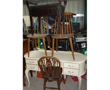 White laminate kidney shaped dressing table, two ercol style chairs, piano stool and one other chair