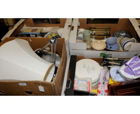 Four boxes of assorted ceramics, angle poise lamp, storage canisters etc