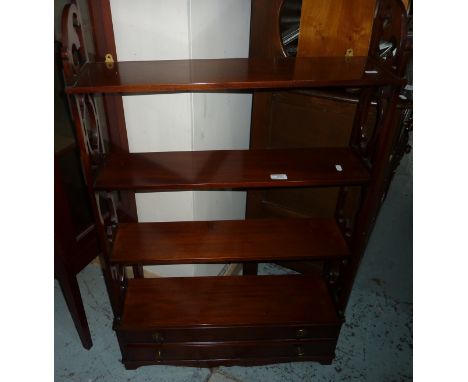 Mahogany four tier wall shelf with two drawers 