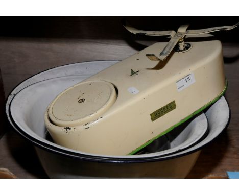 Enamel set of Harper scales, enamel dishes etc