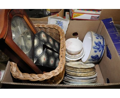 Abbey wall clock, Olde England Crown Devon Fieldings cup, Studio Pottery dish, wicker basket etc  