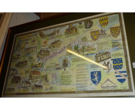 Framed hand coloured map depicting Minster Lovell Oxfordshire by Graham J. L. Kew dated 1972 