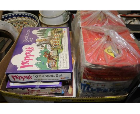 Box of assorted vintage toys including Pippa's Gymkhana Set, Pipers friend Emma and her pony, potters wheel, Casdon electric 