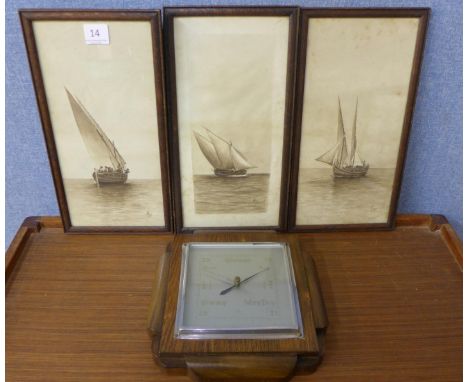 R.V., set of three marine scenes, watercolour, dated 1920, framed and an oak aneroid barometer