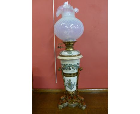 A Victorian stoneware and ormolu mounted Messengers Patent oil lamp (attributed to Doulton)