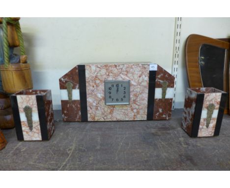 A French Art Deco marble clock garniture