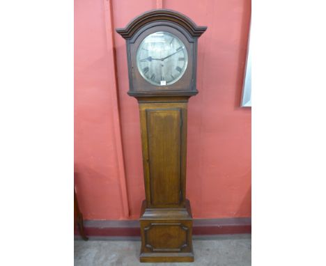 An Edward VII inlaid oak fusee longcase clock, the silver dial signed Clarke, 1 Royal Exchange, London