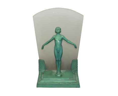 An Art Deco Figural Green Painted Table Lamp, modelled as a nude female on tip toes with arms stretched backwards, on a stepp