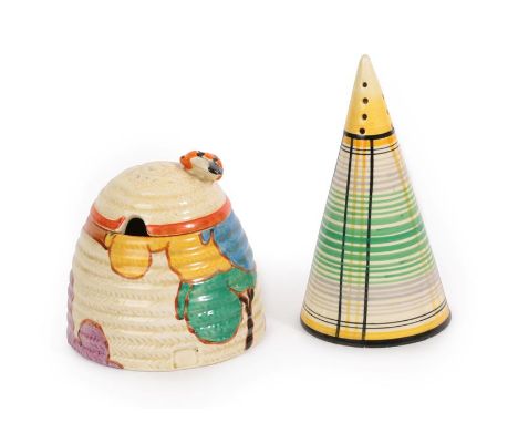 A Clarice Cliff Fantasque Bizarre Blue Autumn Beehive Honey Pot and Cover, printed and incised marks, 10cm; and A Clarice Cli