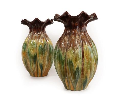 A Pair of Ault Pottery Vases, shape 118, green, white, mustard and brown glazed, impressed factory mark and 118, 33cm  Willia