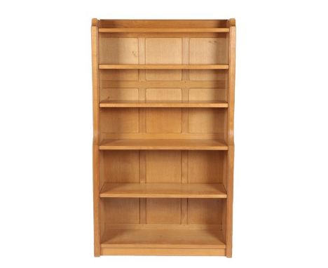 Keith L Moorey (1930-2019): An English Oak Tall Open Bookcase, made in 1997, adzed ends and panelled back, raised upstand, th