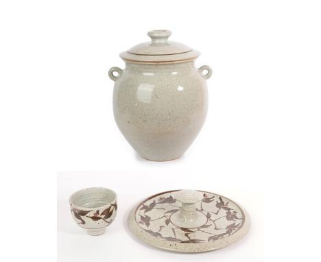 David Lloyd Jones (1928-1994): A Large Stoneware Serving Tray and Bowl, with wax-resist decoration, on a speckled grey ground