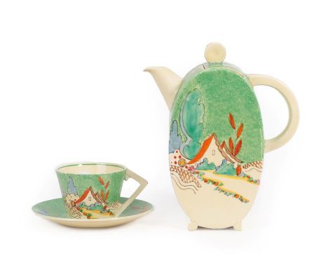 A Clarice Cliff Wilkinson Chalet Bon Jour Coffee Pot and Cover, printed marks, 19cm; and A Clarice Cliff Wilkinson Chalet Cup