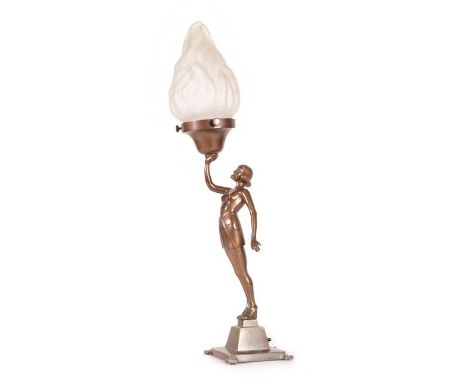 An Art Deco Patinated Spelter Figural Lamp, modelled as a  semi nude female on tip toes, wearing a skirt, on a stepped base, 