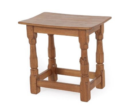 Squirrelman: A Trevor Hutchinson (Husthwaite) English Oak Dish Top Stool, the nailed top on four octagonal legs joined by str