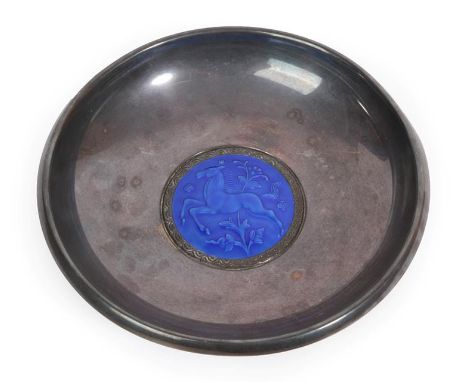 A Norwegian 830 Silver and Enamel Dish, by Ottar Hval, the blue enamel centre with a jumping horse and foliage, stamped 830 S